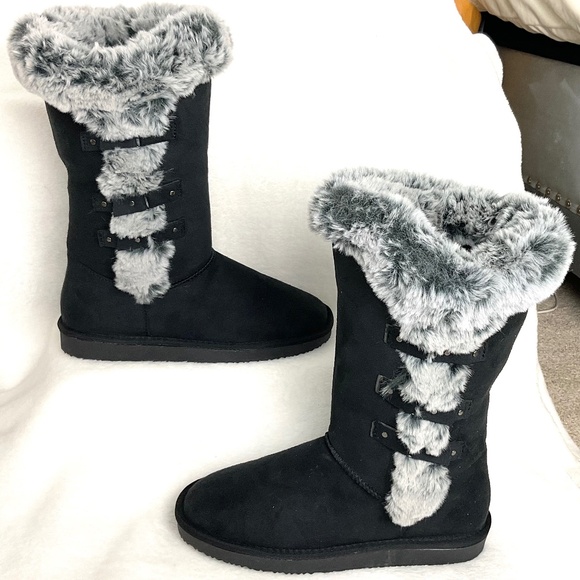 HStylish BlackSlip On Calf High Fur-Lined Waterproof Winter Snow Boot Sz 7